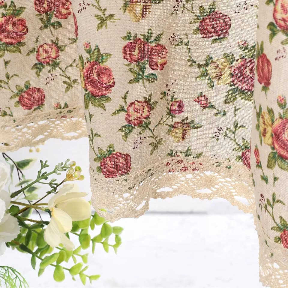 Farmhouse Cotton Linen Tier Curtain 36 Inch Long Elegant Floral Lace Window Treatment Kitchen Bathroom Short Curtain, 1 Panel, Blooming Roses on Beige