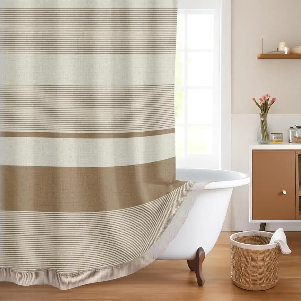 Emvency Shower Curtain Set, Tassel Linen, 72 x 72 Inch, Boho Striped Modern