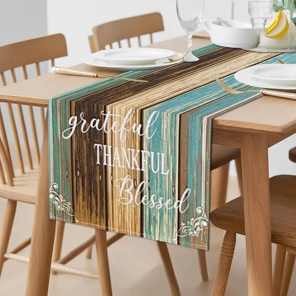 Blue Teal Table Runners 90 inches Long Farmhouse Grateful Thanksgiving