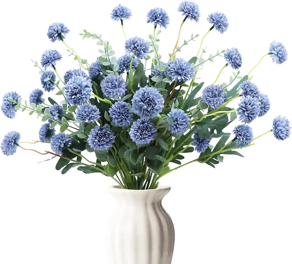 AVIVIHO Dusty Blue Artificial Flowers Pompon Mums & Eucalyptus Stems 20pcs