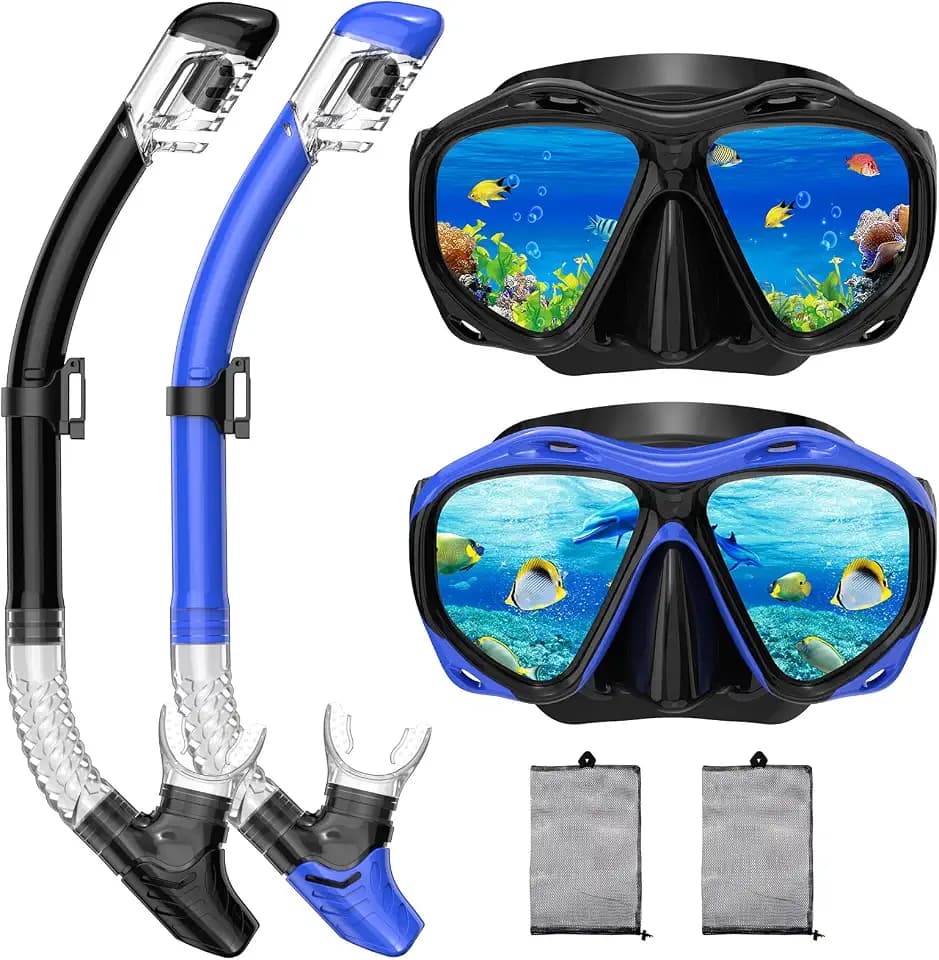 Snorkeling Gear for Adults, Panoramic Wide View Mask Dry Snorkel Set, Leak-Proof and Anti-Fog Snorkel Kit with Mesh Bag