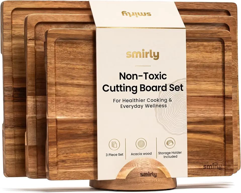 SMIRLY Cutting Boards for Kitchen, 3 Piece Acacia Cutting Board with Stand