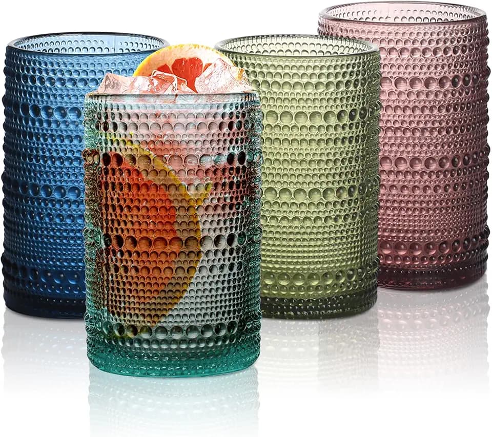Set of 4 Hobnail Drinking Glasses,15 oz Colored, Vintage Jupiter Drinking Glasses,Embossed Old Fsahioned Cute Glassware for Beer,Water,Juice,Cocktail,Whiskey,Gift