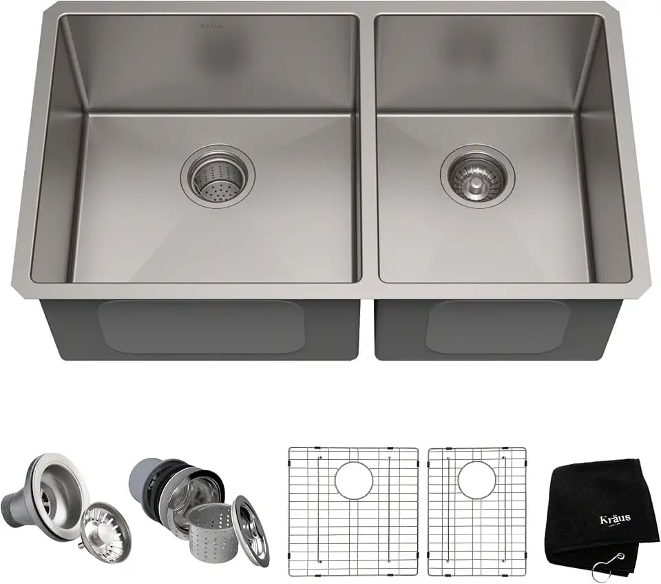 KRAUS Stainless Steel 33 in Double Bowl Undermount Kitchen Sink KHU103-33