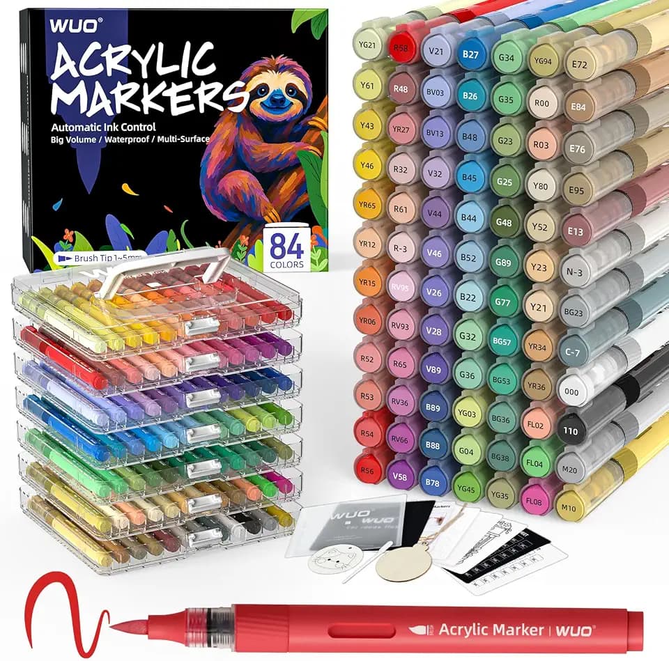 WUO 84 Colors Acrylic Paint Markers Brush Tip with Automatic Ink Control