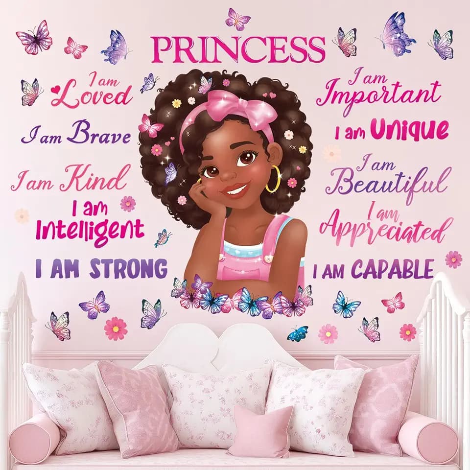 DECOWALL SG2-2405 Black Girl Magic Wall Stickers Decals Kids Girls Room Little Bedroom Decorations Art Princess Toddler Butterfly Nursery Pink Décor Peel and Stick Baby Positive Saying Inspirational