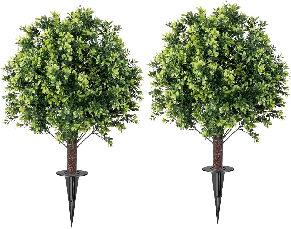 Artificial Boxwood Topiary Ball Tree Set of 2, UV Resistant Artificial Outdoor Shrubs with Spike, Decorative Evergreen Fake Topiary Bushes Plant for Front Porch Garden