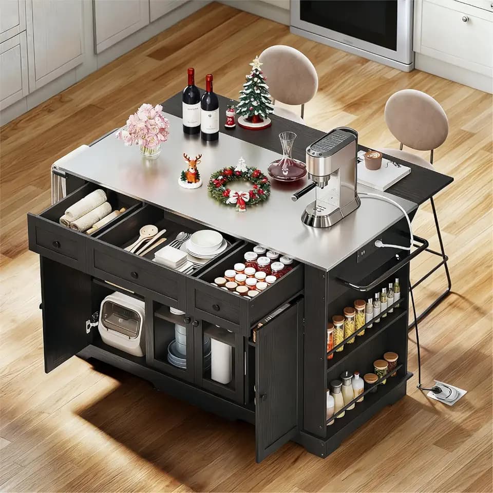 DWVO Kitchen Island Stainless Steel Top Drop Leaf Bar Seating Power Outlet