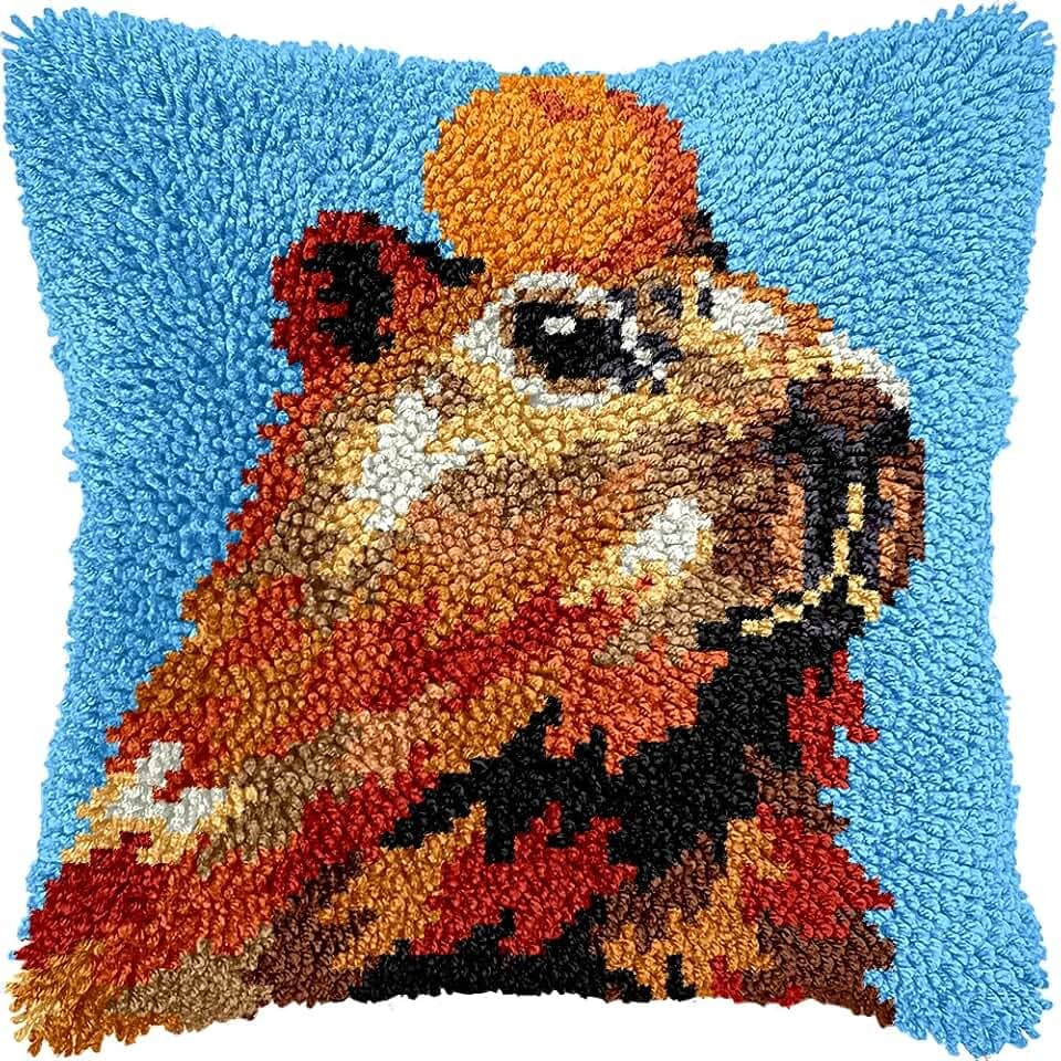 Colorful Capybara Latch Hook Kits for Adults Kids Beginners Cute Animals Latch Hook Pillow Kit Pre-Printed Latch Hook Rug Kits Cross-Stitch Embroidery Cushion for Home Sofa Decoration 17x17 in.