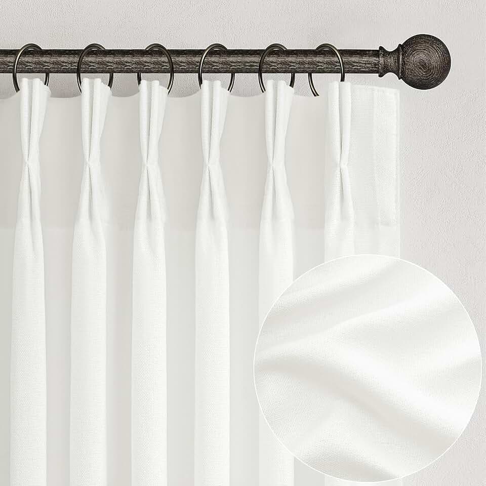 PleatedDrapes Light Filtering Pure White Curtains 84 Inches Long for Living Room, Modern Linen Blend Textured Sheer Memory Shape Trained Pleat Curtain Back Tab for Bedroom 2 Panel Set Window Drape 7FT