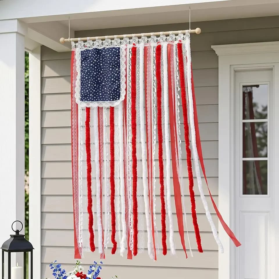 4th of July Decorations,2.1x4.1 Ft Patriotic Bunting Ribbon Banner, American Flag Wall Hanging with Lace for Front Door, Covered Porch, America's 250th