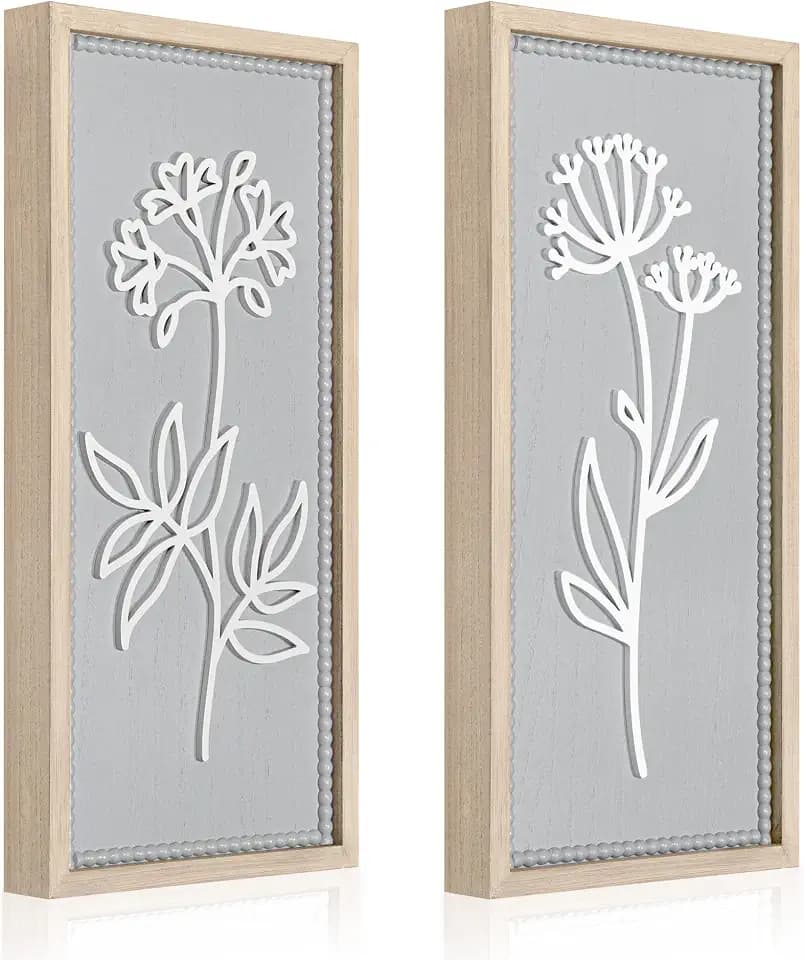 Gray Bathroom Wall Decor Set of 2, Rectangular 3D Wooden Floral Wall Art