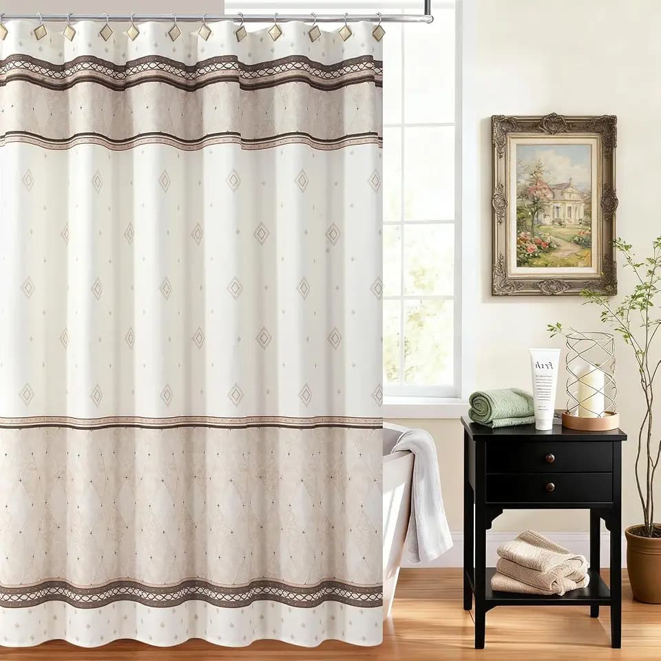 Beige Tan Fabric Shower Curtain for Bathroom, Modern Cream Neutral Geometric Shower Curtain with Brown Stripe, Waterproof Washable Decorative Marble Farmhouse Bathroom Curtains, 72" W x 72" H
