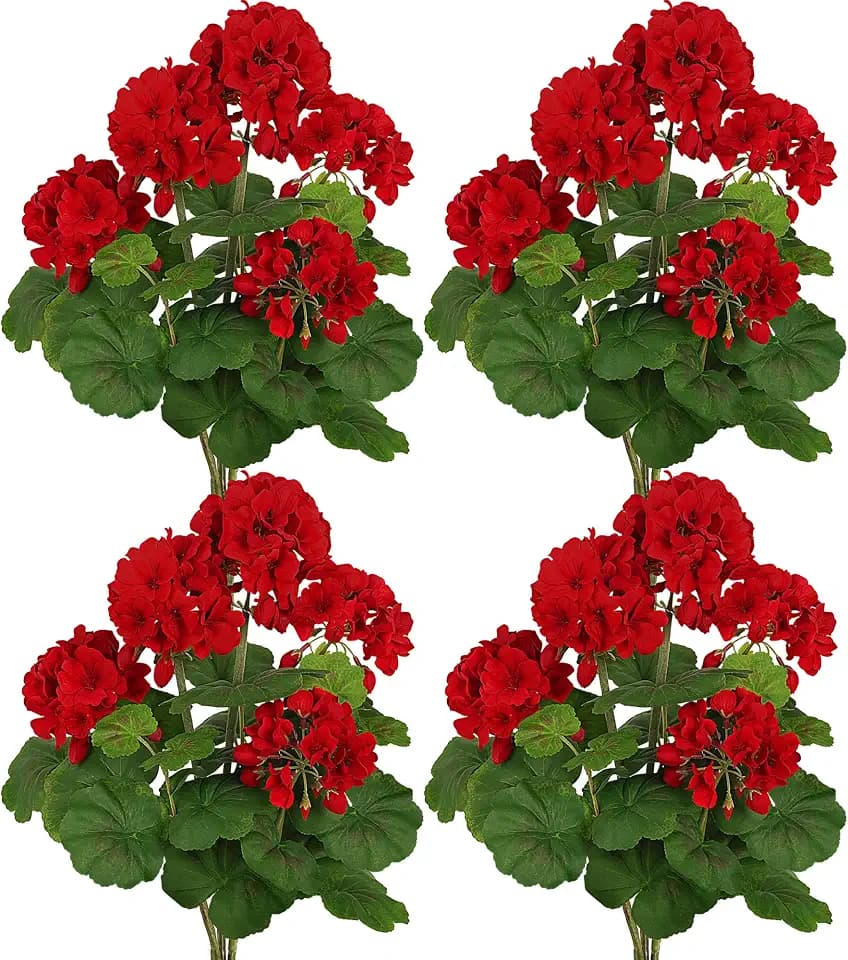 FOREST PRINCE 18"Artificial Geraniums for Outdoors, 4-Pack Red Silk Flowers