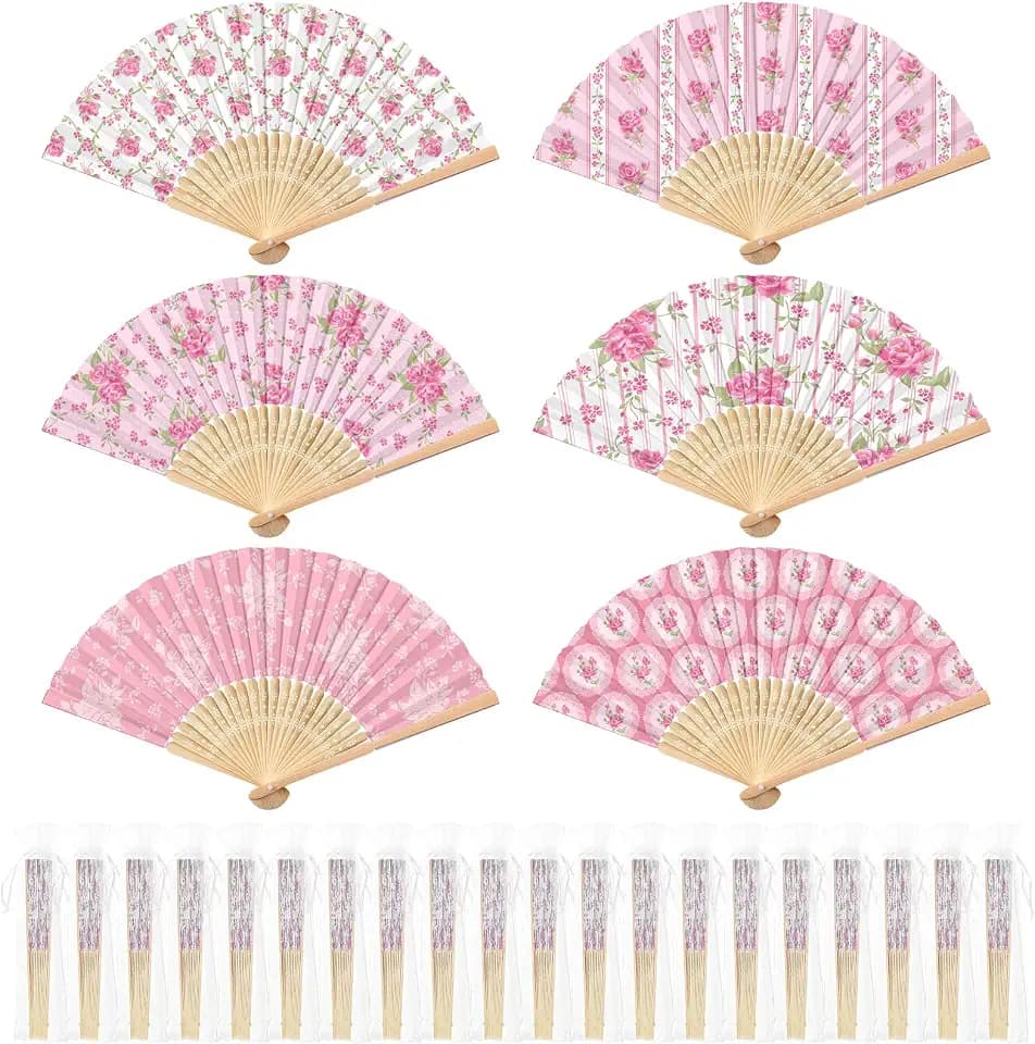 Barydat 50 Pcs Tea Party Hand Fan with Gift Bags, Vintage Floral