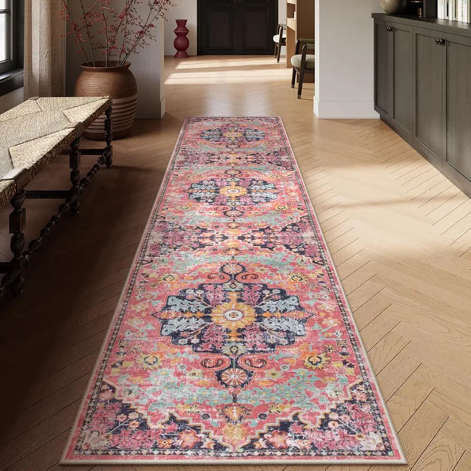 Lahome Reine Boho 2'8"x10' Washable Hallway Kitchen Runner Rugs with Rubber Backing, Bohemian Non-Slip Soft Kitchen Runners, Non-Shedding Stair Carpet Runner for Hall Bathroom, Fuchsia/Multi