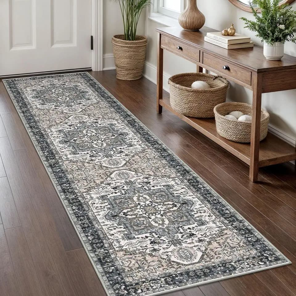 KOZYFLY Runners for Hallways 2x8 Ft Washable Kitchen Runner Rug Boho Entry Rug for Hallways Indoor Printed Faux Wool Long Floor Carpet for Entryway Bedroom Kitchen Hallway Use, Blue Gray Black & Beige