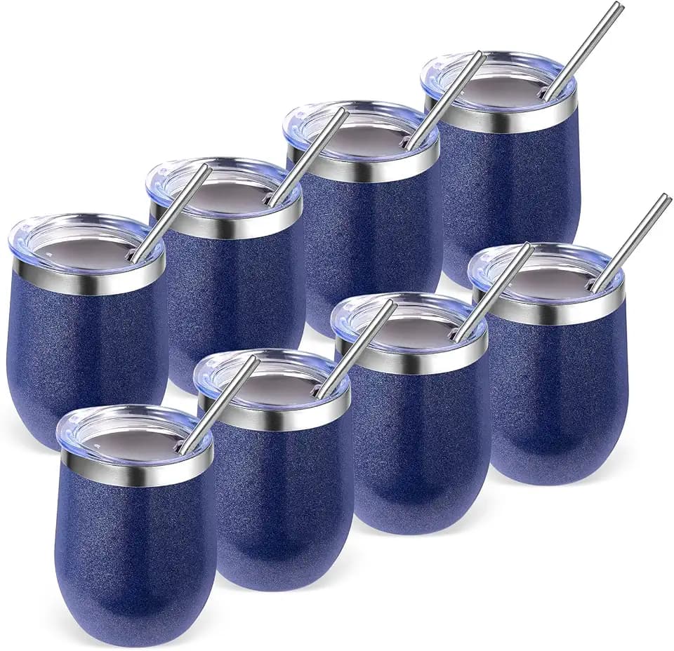Volhoply 12oz Stainless Steel Wine Tumbler with Lid Bulk 8 Pack,Double Wall Vacuum Stemless Wine Glasses,Reusable Metal Travel Coffe Mug with Straw,Insulated Cup Gifts for Women,Christmas(Navy,8 Set)