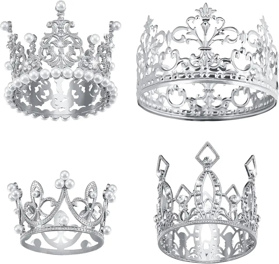 Ferraycle 4 Pcs Silver Crown Cake Topper Crystal Pearl Tiara for Birthday