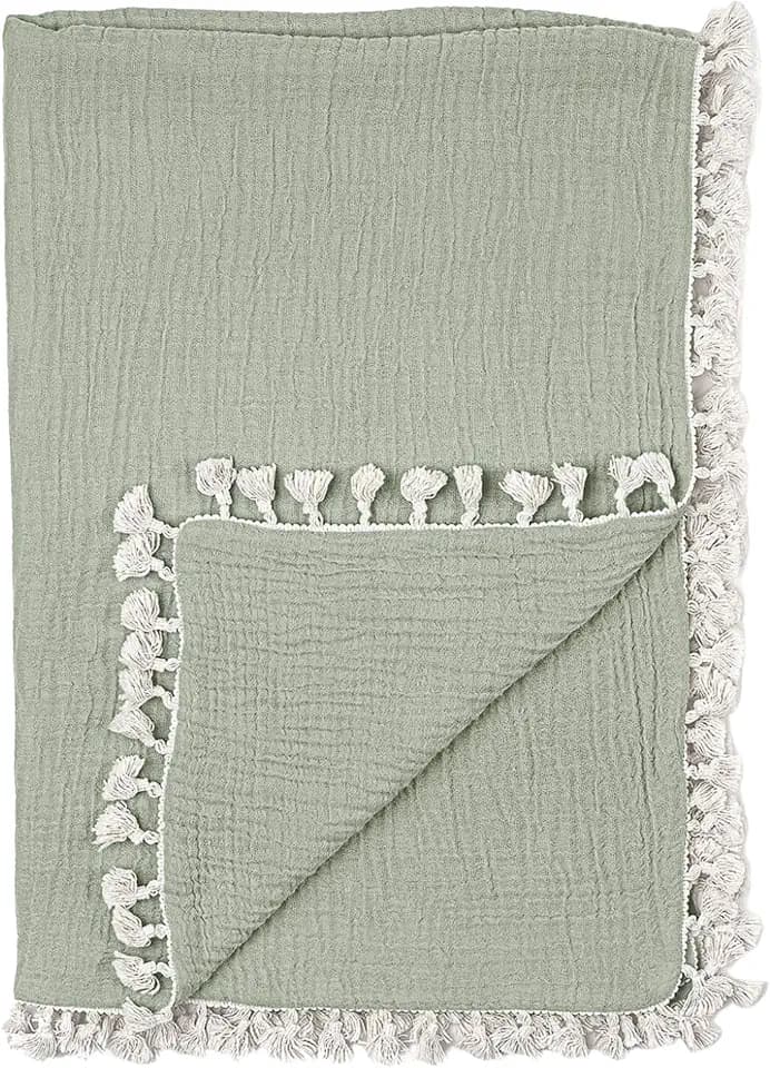 Crane Baby Green Muslin Baby Blanket, 6-Layer Cotton Baby Swaddle, Soft Cotton Lightweight Nursery and Stroller Blanket for Baby Boys & Girls, Fern Green, 30" x 40"