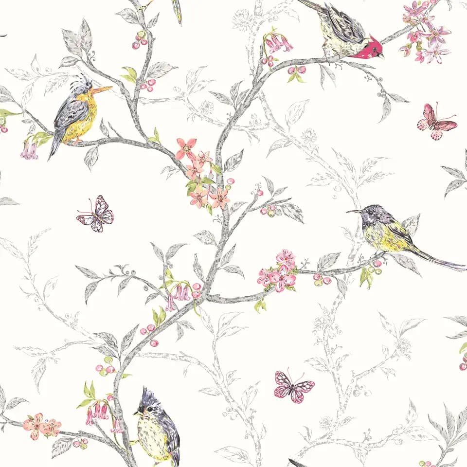 Phoebe Trail White Non‑Pasted Wallpaper – Elegant Bird & Butterfly Botanical Trail, 56 Sq Ft Coverage – Paste‑the‑Paper Wallcovering