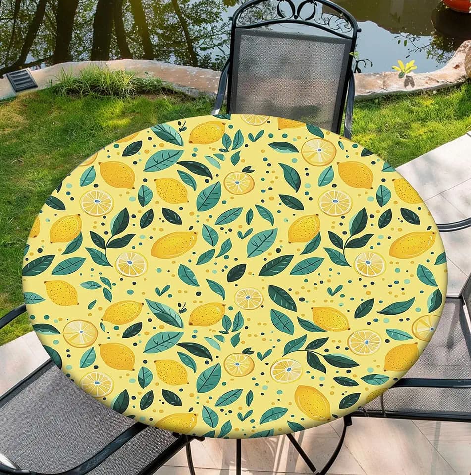 Waterproof Tablecloth with Elastic Tablecloth for Round Tables 36"-70" for Indoor Outdoor Patio Use, 52Inch, Lemon