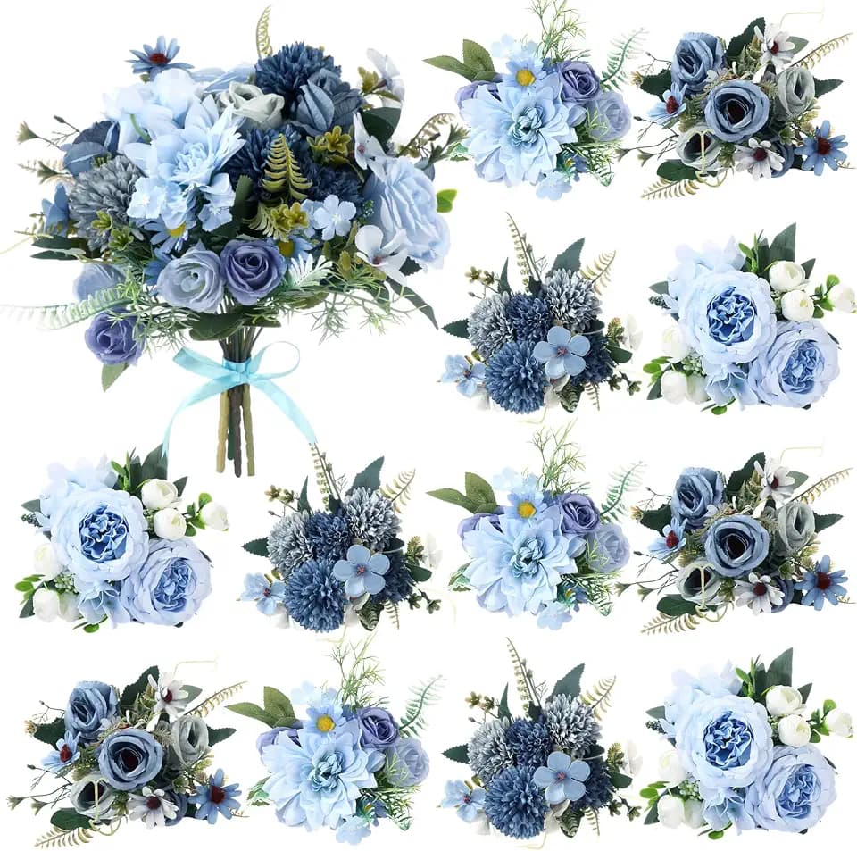 Zeyune 12 Bundles Gradient Blue Artificial Flower Bulk Silk Bouquet, Peonies