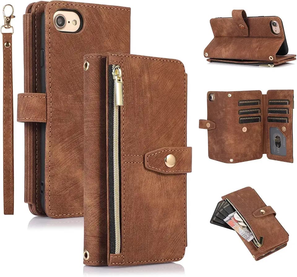 UEEBAI Hülle für iPhone 7 Plus/8 Plus, Leder Klapphülle, Retro Braun