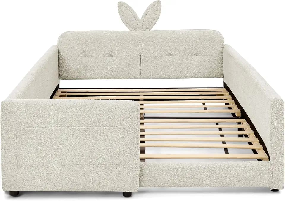 KEIKI Full Size Upholstered Platform Bed Frame with Cute Rabbit Ear Shaped Headboard and Pocket, for Boys and Girls, Platform Bed with Guardrail and Slats, No Box Spring Required, Easy Assembly, Beige