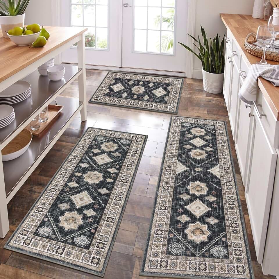 HEBE Boho Kitchen Rugs Set of 3, Non Slip Washable Kitchen Mats for Floor