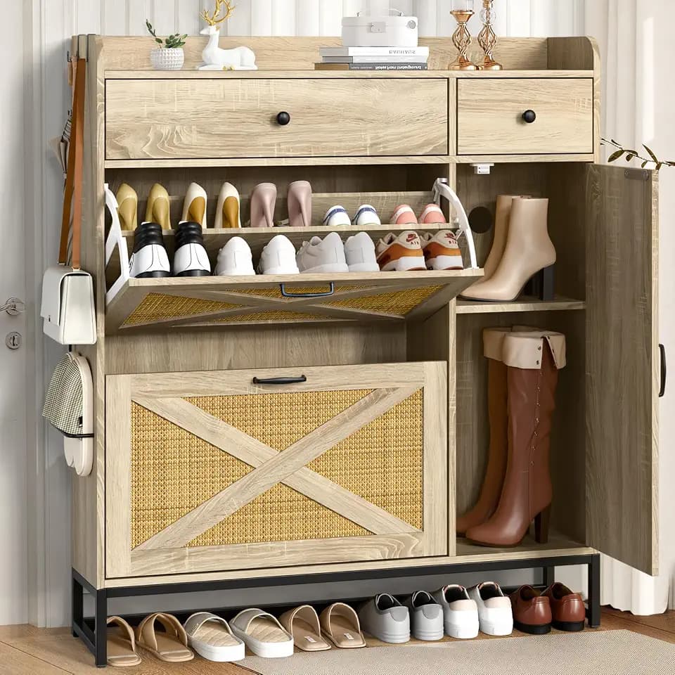 Holiwei Shoe Cabinet Rattan Woven with High Boot Storage, Large Capacity Modern Entryway Organizer with 2-Tier Tilt-Out Racks & Drawers, Freestanding Space-Saving Shoe Rack (18-22 Pairs), Rustic Oak