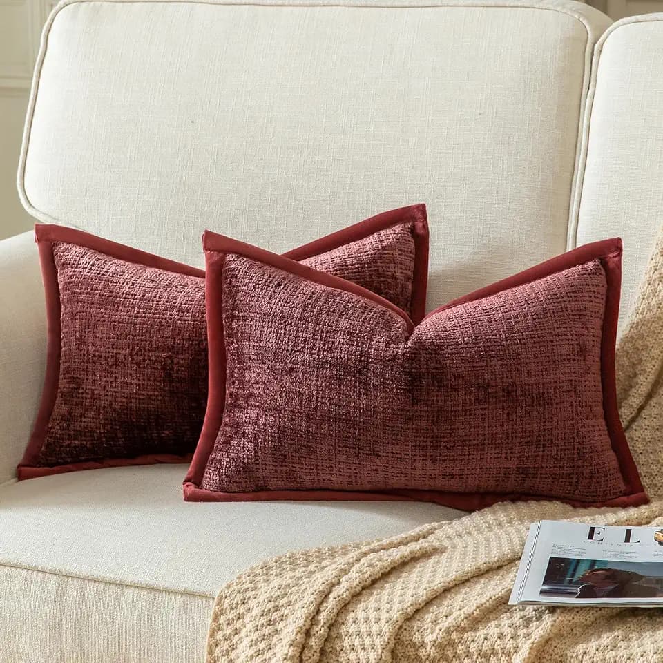 Yaertun Pack of 2 Chenille Textured Decorative Throw Pillow Covers Accent Solid Cushion Cover Soft Cozy Pillow Case with Velvet Back for Couch Sofa Bed Living Room 12x20 Inch Burgundy