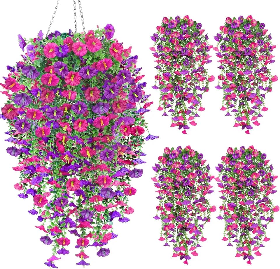 4PCS Artificial Hanging Flowers for Outdoors, Fake Hanging Plants Outdoor UV Resistant Faux Petunias Eucalyptus Realistic Silk Flowers for Planter Porch Garden Balcony Yard Indoor (Purple Fuchsia)
