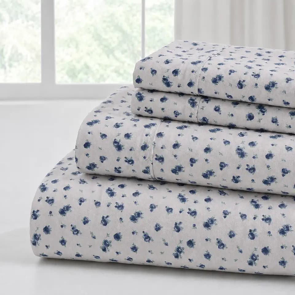 Modern Threads 4-Piece Ultra Soft Microfiber Bed Sheets Set, Wrinkle Free Sheets with Deep Pockets Fitted Sheet, Flat Sheet & Pillowcases, Lightweight Breathable Bedding, Blue Roses on Grey, Queen
