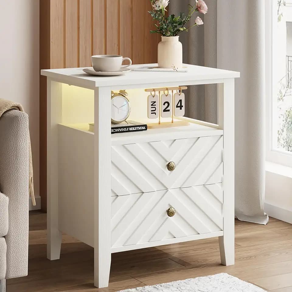 Takywep LED Nightstand with 2 Drawers, RGB Farmhouse Bedside Table, White