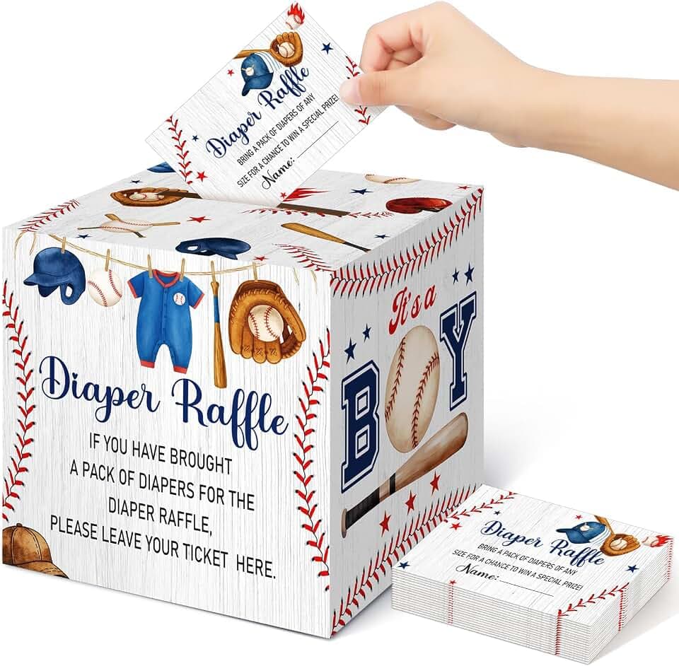 Teling 51 Pieces Diaper Raffle Tickets with Card Box,Baseball, A Little Slugger Is on the Way