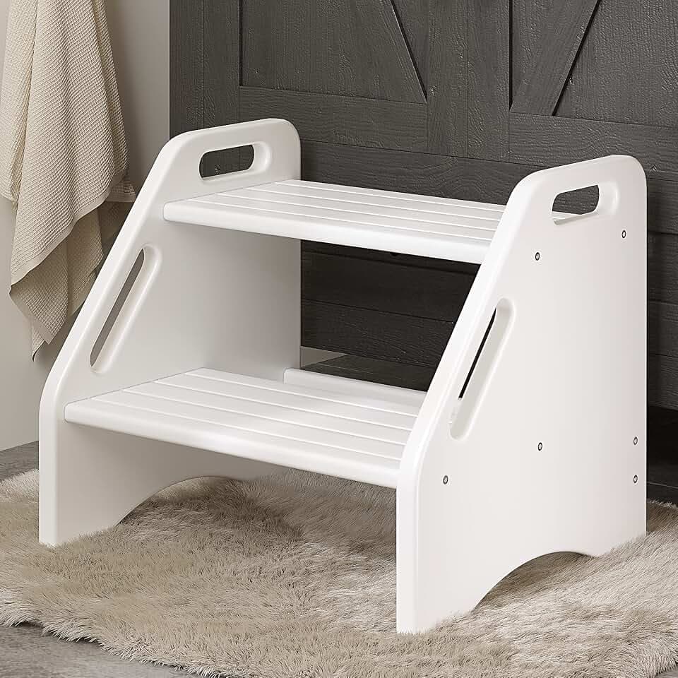 AMBIRD Wooden Two Step Stools Toddler with Safety Non-Slip Pads and Handles, Bamboo Step Stool for Bathroom, Bedroom, Kitchen Dual Height Step Stools for Kids (White)