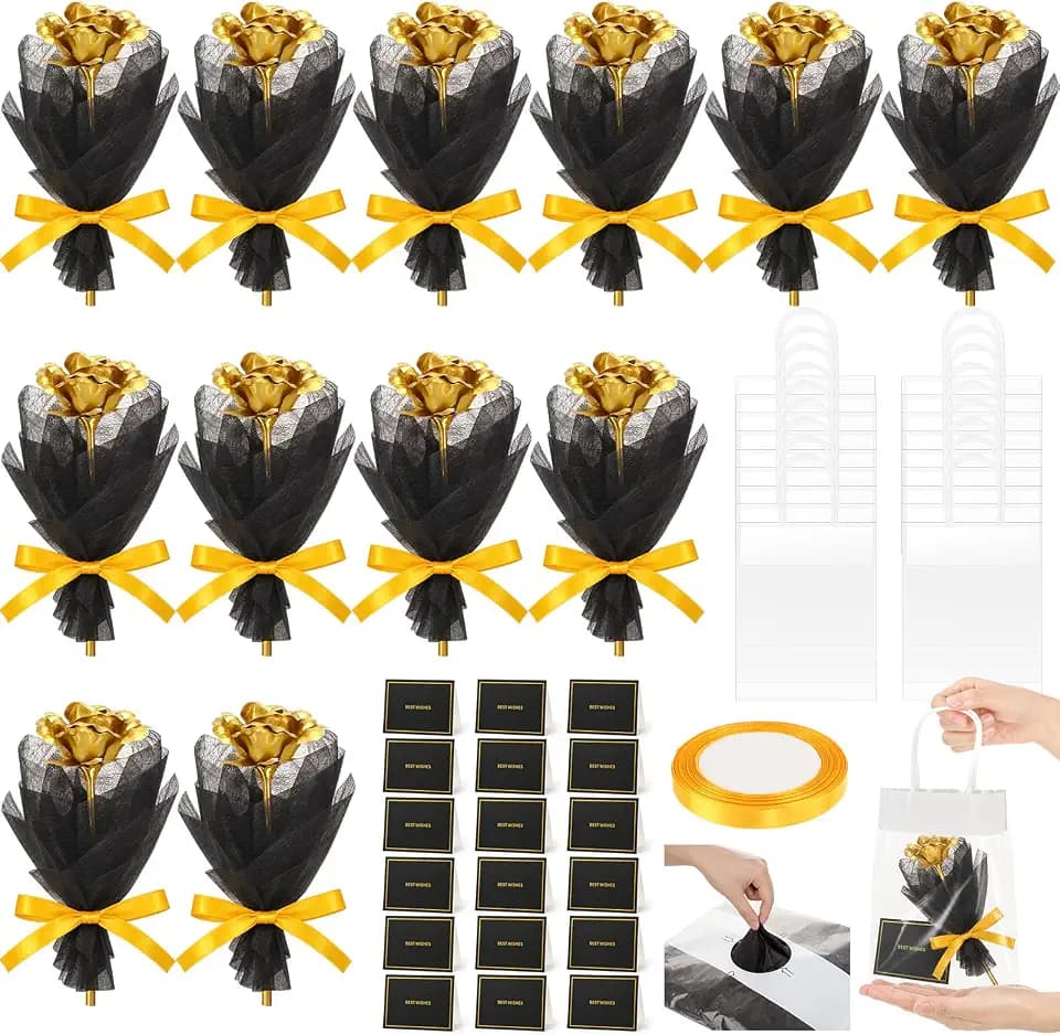 Suncalla Single Rose Flower Gifts Galaxy Rose Artificial Crystal Flower with Card Clear Gift Bag Wrapping Paper Ribbon for Birthday Wedding(Gold,56 Pcs)