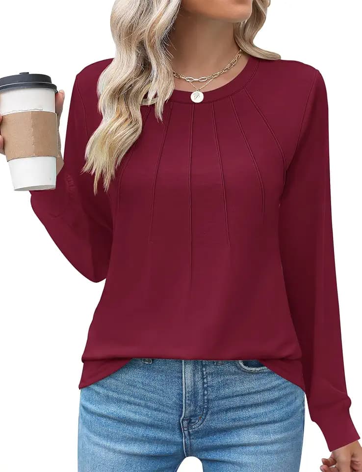 Kistore Womens Long Sleeve Shirts Fall Crew Neck Pleated Dressy Casual Blouses Tunic Tops for Leggings Wine Red M