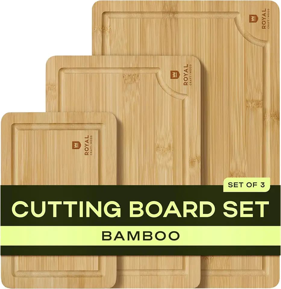 ROYAL CRAFT WOOD Wooden Cutting Boards for Kitchen Meal Prep & Serving - Bamboo Wood Serving Board Set with Deep Juice Groove Side Handles - Charcuterie & Chopping Butcher Block for Meat