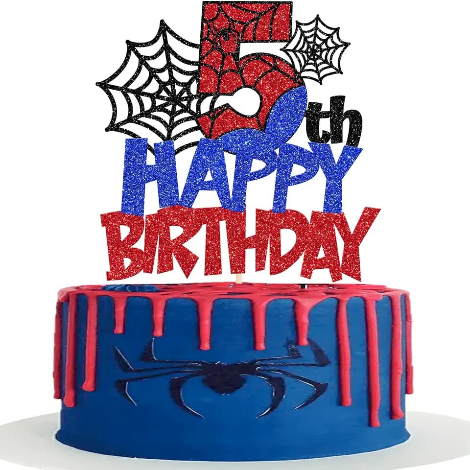 Rsstarxi 1 Pack Happy 5th Birthday Cake Topper Glitter Spider Web Cake Pick Superhero Spider Party Cake Decorations for Children Kids Boys Happy 5th Birthday Party Cake Decorations Supplies