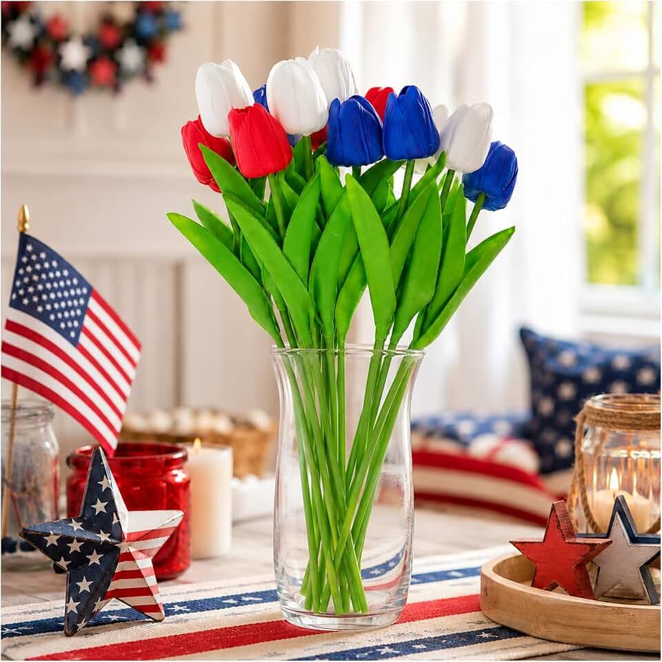 NUOBESTY 24 Pcs 4th of July Artificial Tulips Bouquet, Red White Blue