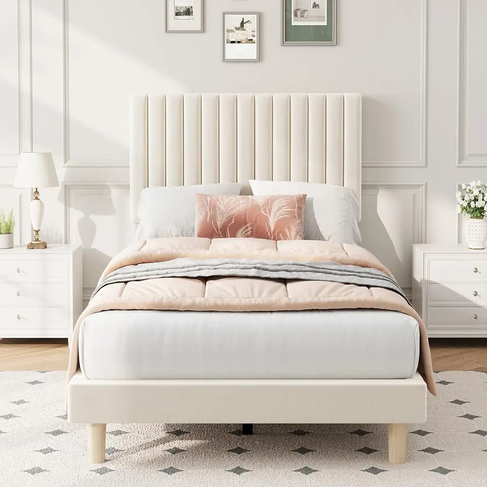 Twin Bed Frame with Adjustable Headboard, Velvet Upholstered Platform Bed