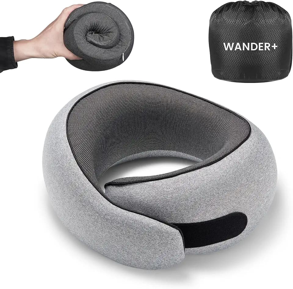 WANDER+® Travel Pillow, 100% Pure Memory Foam Travel Neck Pillow Airplane Neck Support Ergonomic Design Best for Sleeping Plane Car Train Office Flight for Adults Grey