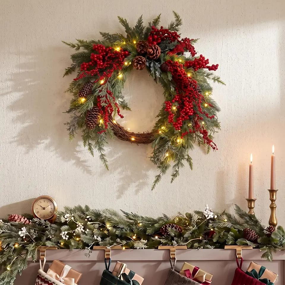 Yinder 20 Inch Christmas Wreath with LED Lights Red Berry Rattan