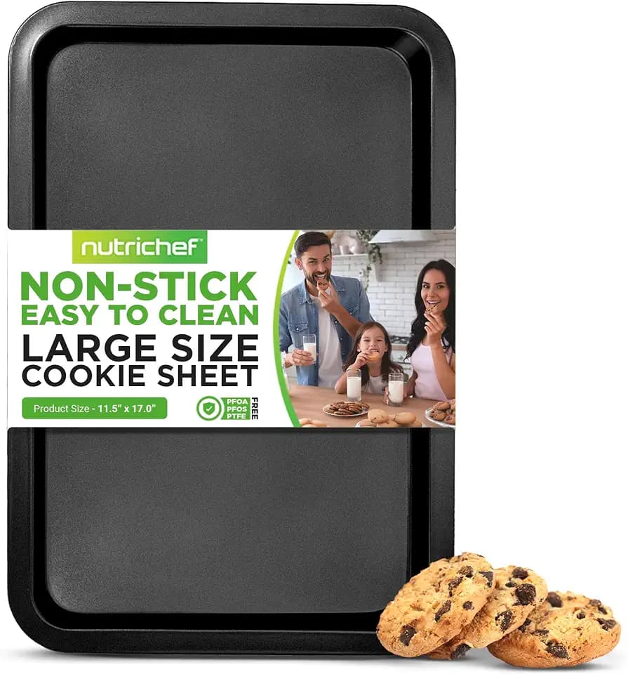 Nutrichef Large Cookie Sheet, Nonstick Gray Silicone Coating, Easy Clean & Durable Baking Sheet, Commercial Grade Oven Pan, Stackable Tray Design, Dishwasher Safe, PFOA, PFOS, PTFE Free, 17" x 11.5"