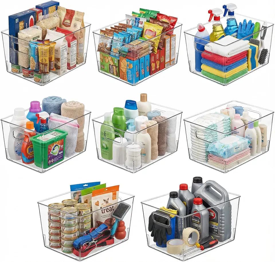 MOONEDGE 8 Pack Clear Plastic Storage Bins 12x8x6in Pantry Organizer