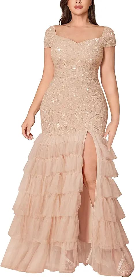 MISSMAY Plus Sequin Lace Ruffle Slit Mermaid Formal Dress