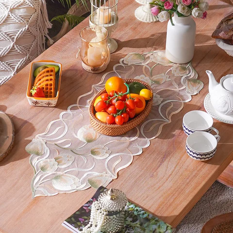 ARTABLE Small Beige Macrame Lace Table Runner Vintage Floral 12 x 36 Inch