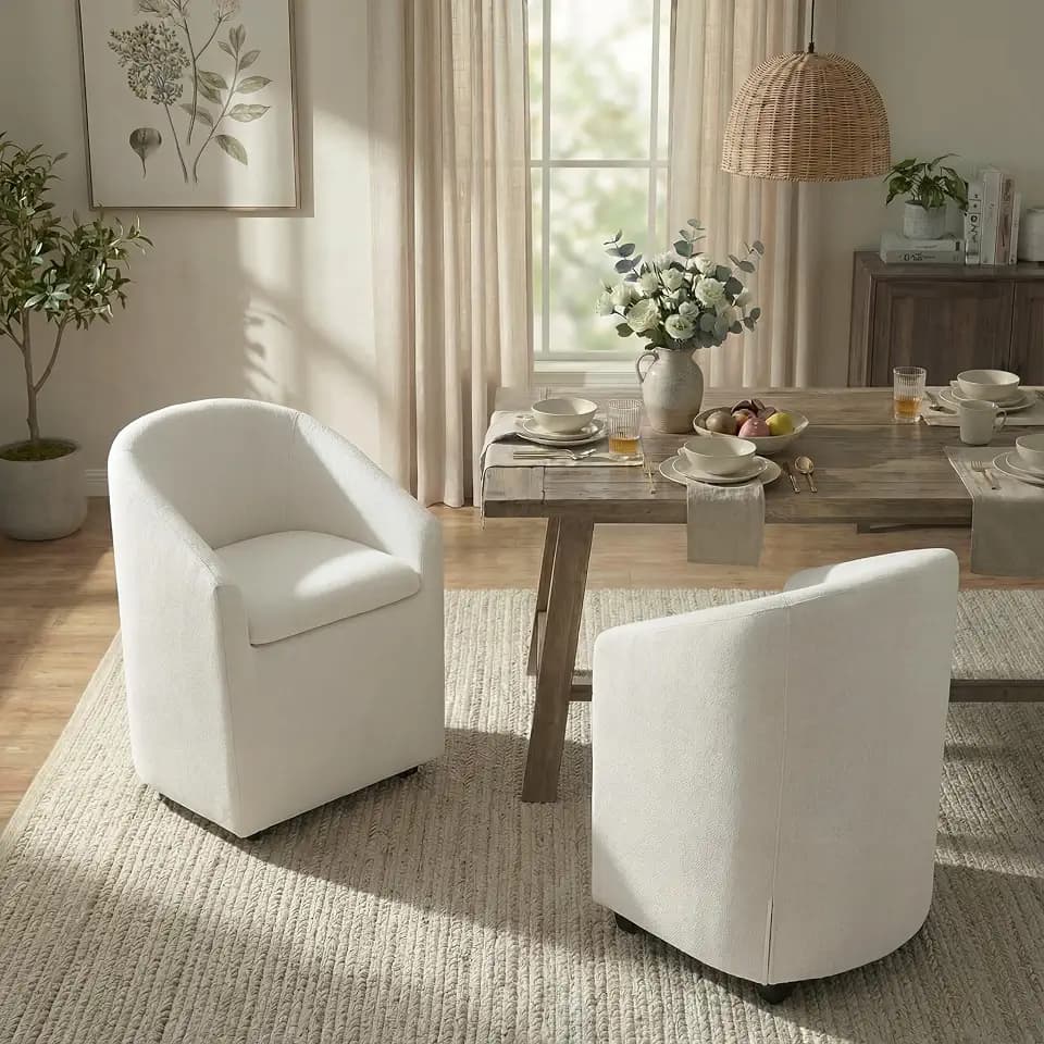 KISLOT Upholstered Dining Chairs with Casters, Washable Cover Modern Dining Room Chairs with Barrel Backrest & Dual Armrest for Kitchen, Living Room, Bedroom, Linen Fabric, 2PCS